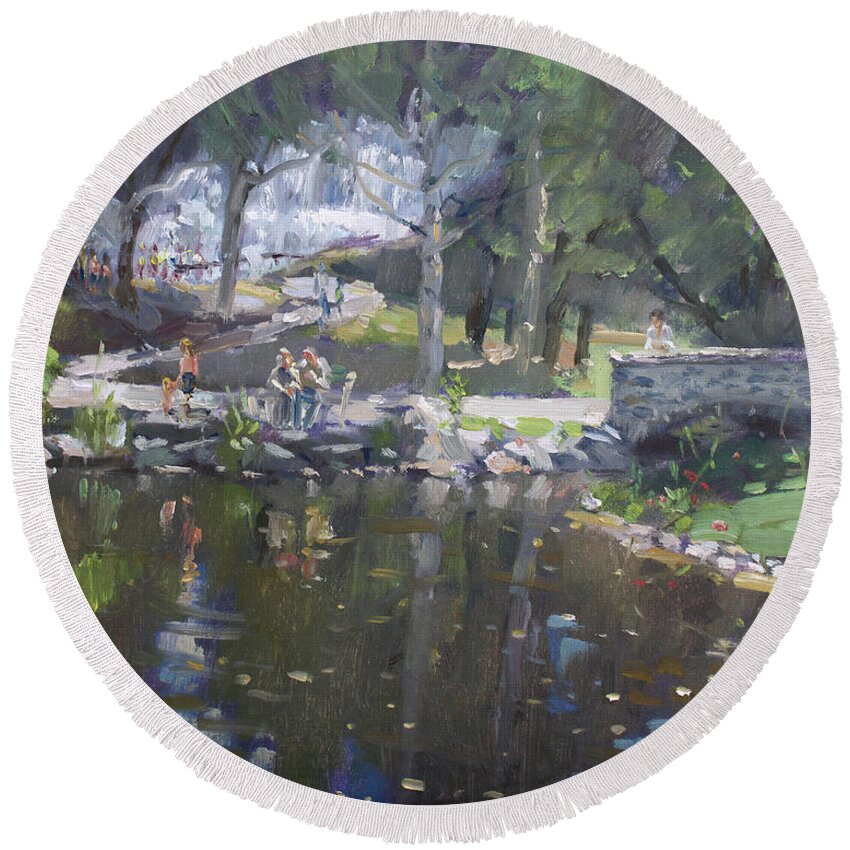 Sunny Sunday Round Beach Towel featuring the painting A Sunny Sunday in Williamsville Park by Ylli Haruni