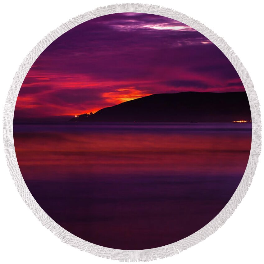 Pismo Beach Round Beach Towel featuring the photograph A Surf Sunset - Minimalism Art by Gregory Ballos