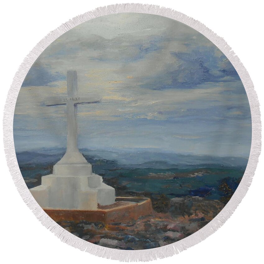 Landscape Round Beach Towel featuring the painting A Very Special Cross by Silvana Miroslava Albano