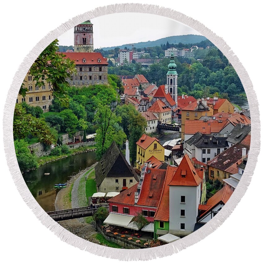 Cesky Krumlov Round Beach Towel featuring the photograph A View Of Cesky Krumlov And Castle In The Czech Republic by Rick Rosenshein