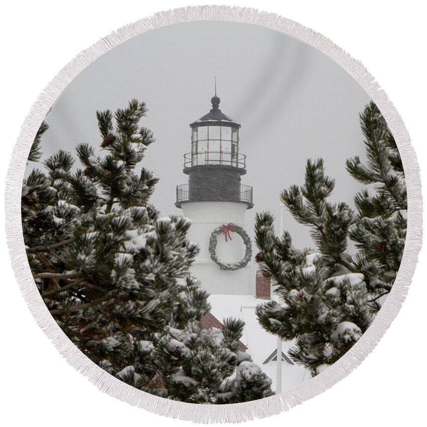 Snow Round Beach Towel featuring the photograph A View of the Portland Head Light by Scene by Dewey