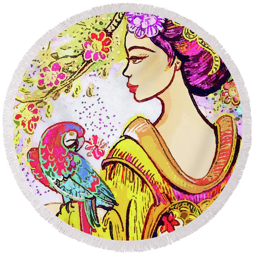 Asian Woman Round Beach Towel featuring the painting A Walk in the Garden by Eva Campbell