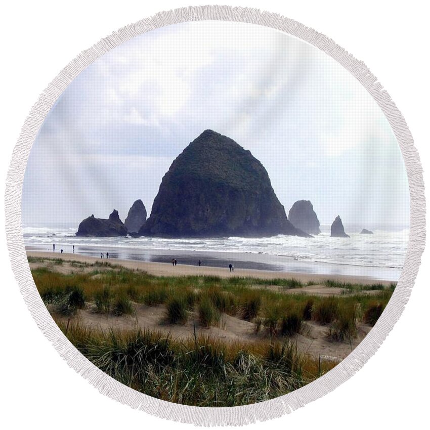Cannon Beach Round Beach Towel featuring the photograph A Walk In The Mist by Will Borden