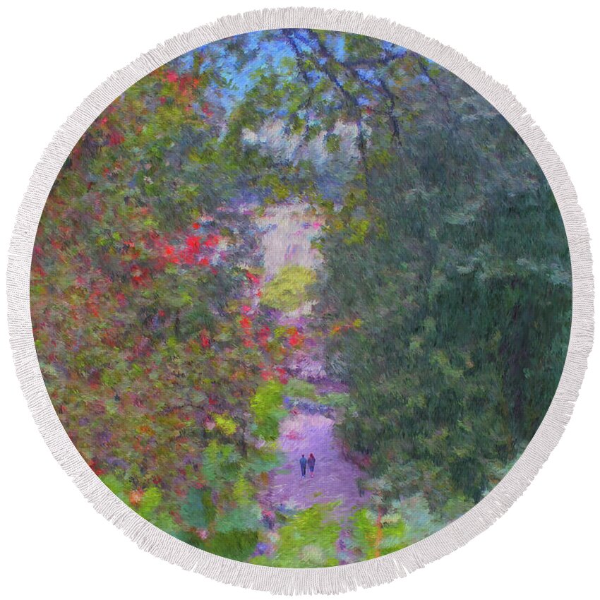 A Walk In The Park Round Beach Towel featuring the painting A Walk In The Park by Two Hivelys