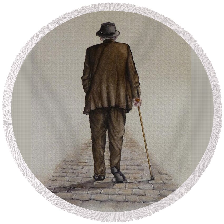 Cobblestone Round Beach Towel featuring the painting A Walk on the Old Cobblestone by Kelly Mills