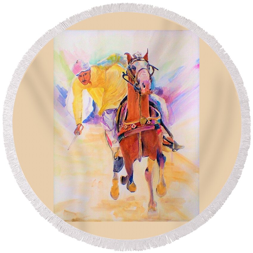 Horse Round Beach Towel featuring the painting A win by Khalid Saeed
