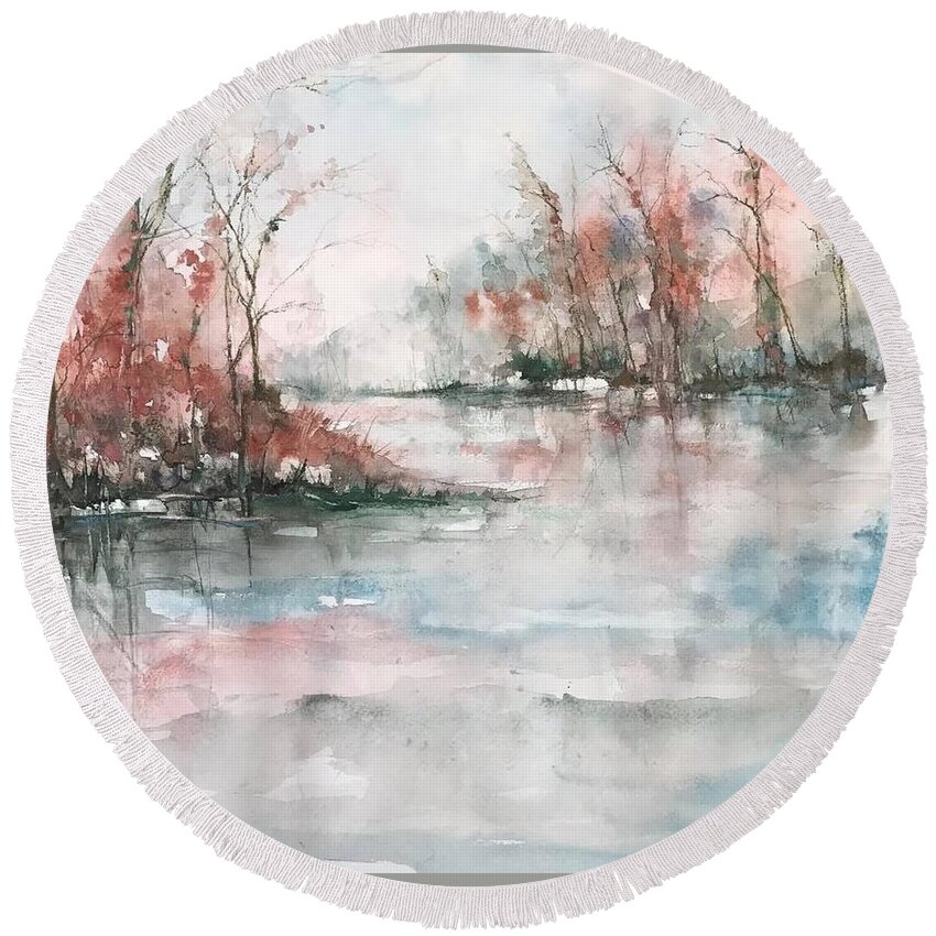 Winter Round Beach Towel featuring the painting A Winters Dawn by Robin Miller-Bookhout