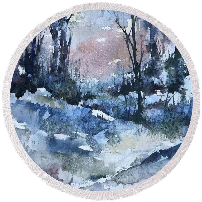 Winter Round Beach Towel featuring the painting A Winter's Eve by Robin Miller-Bookhout