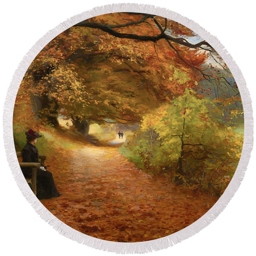 Painting Round Beach Towel featuring the painting A Wooded Path In Autumn by Mountain Dreams