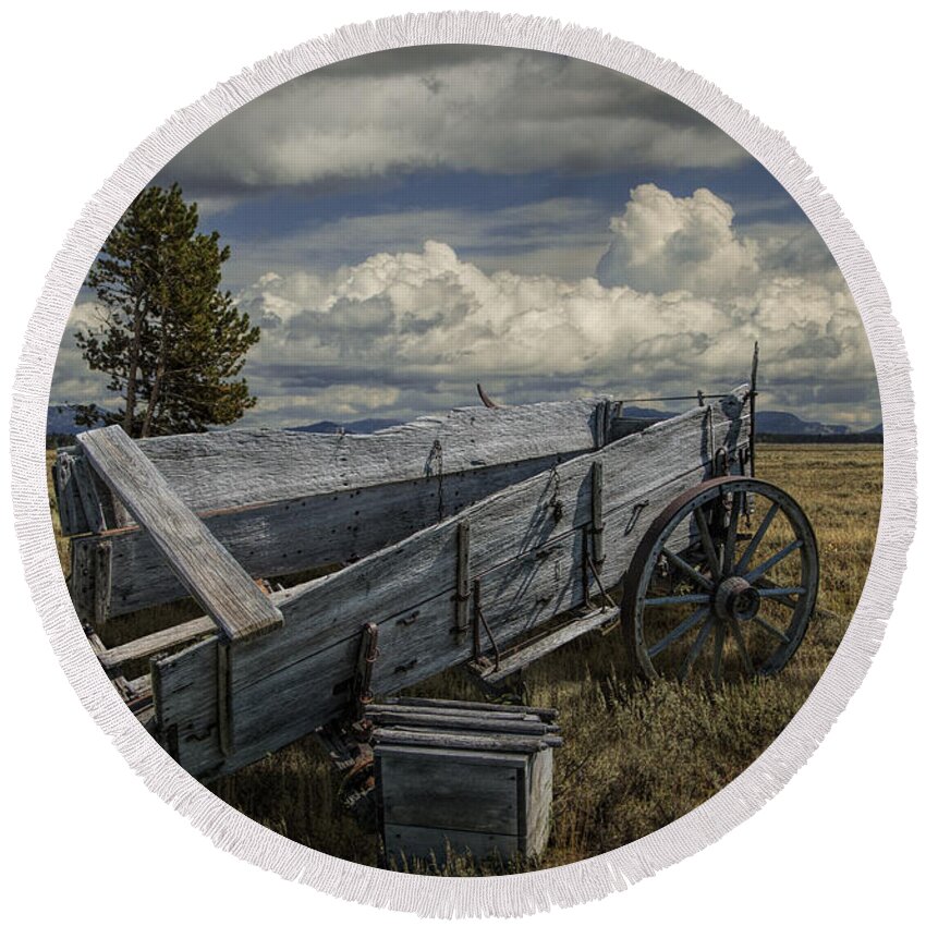 Art Round Beach Towel featuring the photograph Abandoned Broken Down Frontier Wagon by Randall Nyhof