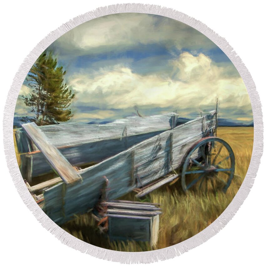 Art Round Beach Towel featuring the photograph Abandoned Broken Frontier Wagon by Randall Nyhof