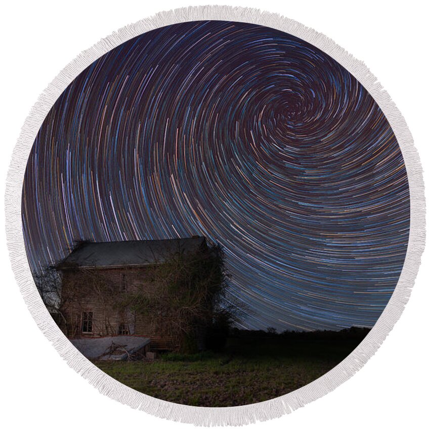 Nature Reclaimed Round Beach Towel featuring the photograph Abandoned House Spiral Star Trail by Michael Ver Sprill