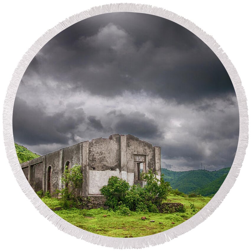 Abandoned Round Beach Towel featuring the photograph Abandoned Site by Charuhas Images