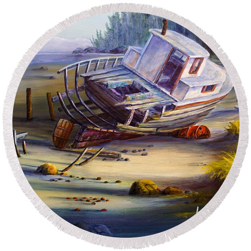 Seascape Round Beach Towel featuring the painting Abandoned by Wayne Enslow