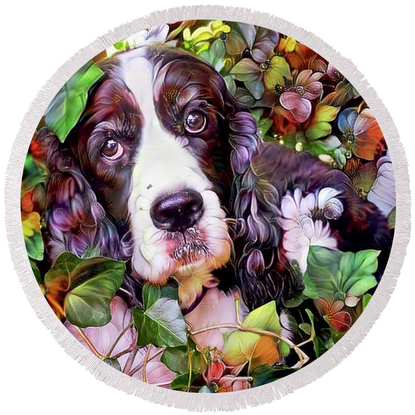 English Springer Spaniel Round Beach Towel featuring the mixed media Abbi the Bench English Springer Spaniel by Peggy Collins