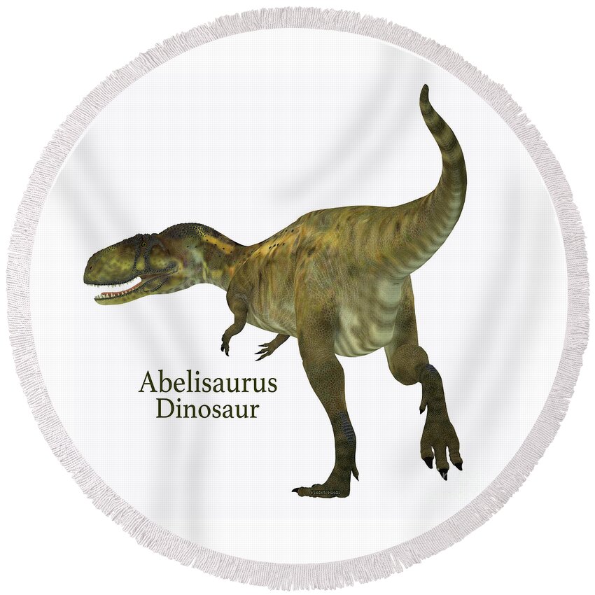 Abelisaurus Round Beach Towel featuring the digital art Abelisaurus Dinosaur Tail with Font by Corey Ford