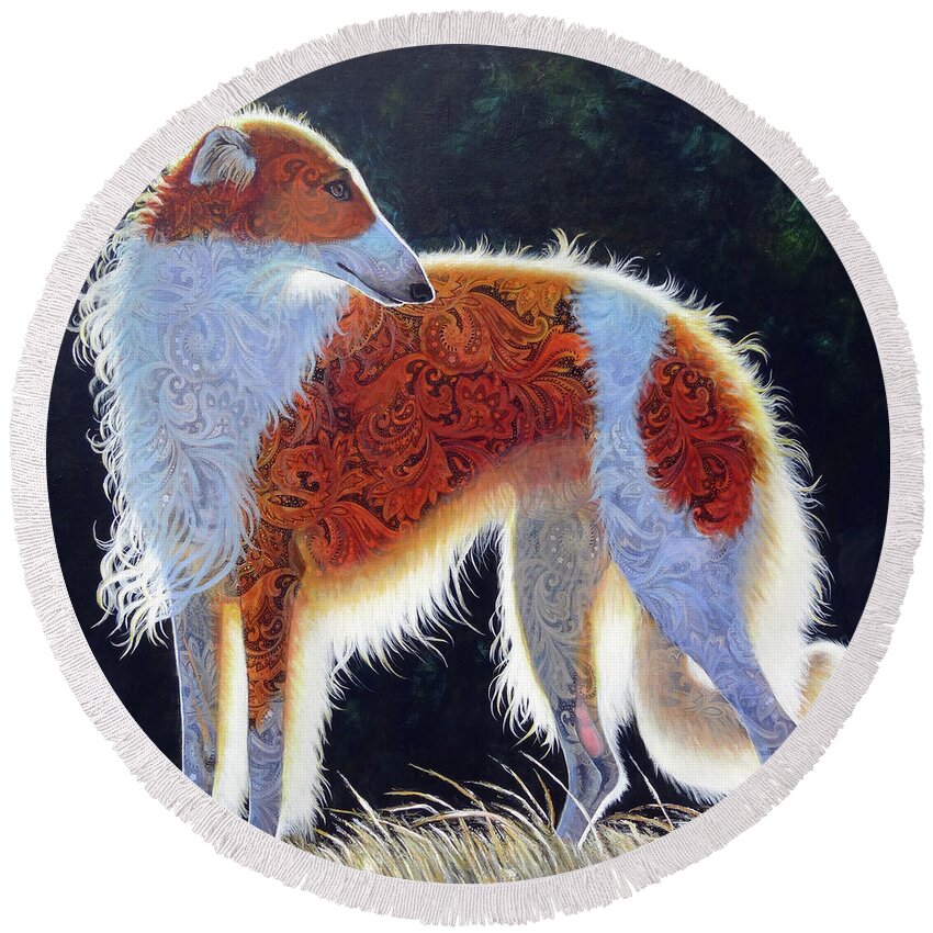 Paisley Borzoi Round Beach Towel featuring the painting Ablaze in Paisley by Ande Hall