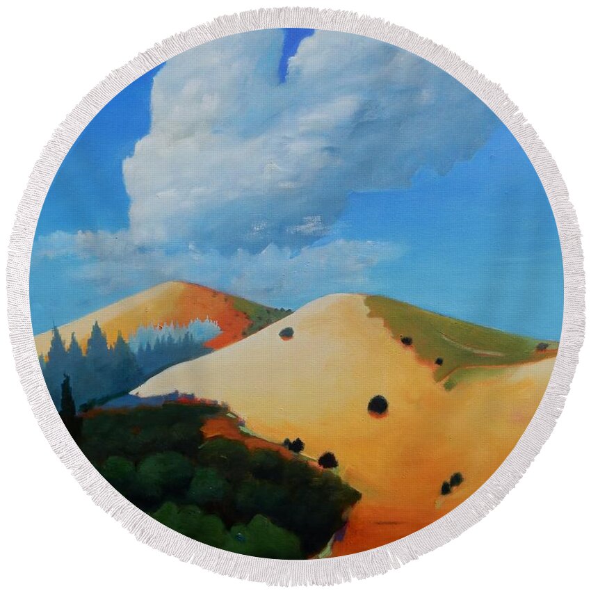Landscape Round Beach Towel featuring the painting About Clouds by Gary Coleman