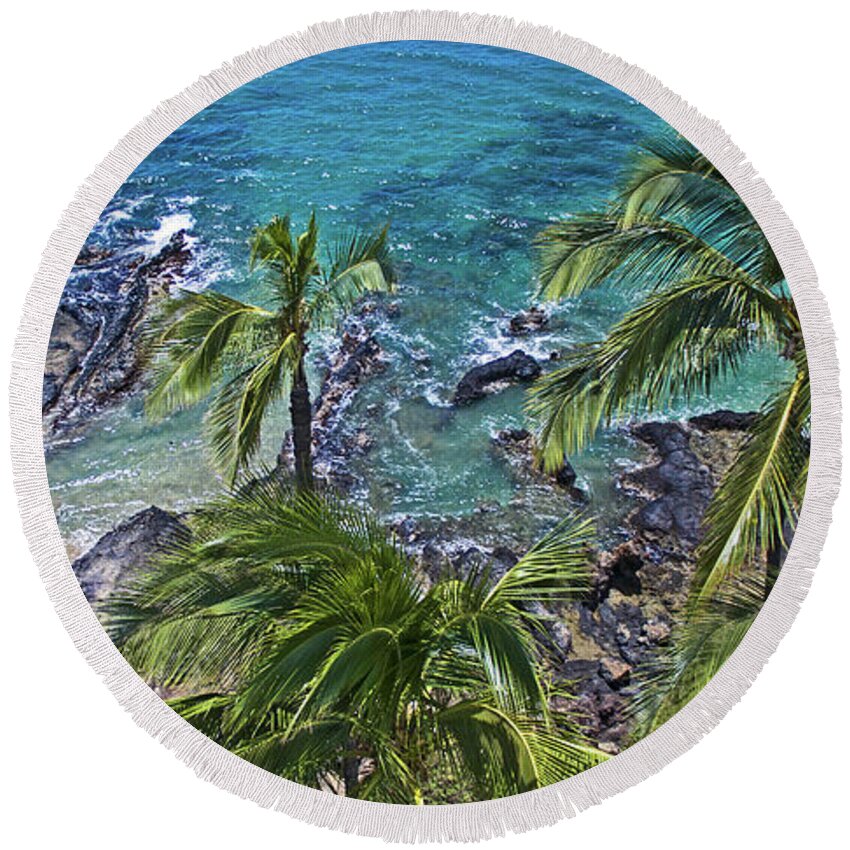Aerial Palmtrees Ocean Seascape Round Beach Towel featuring the photograph Above It All by James Roemmling