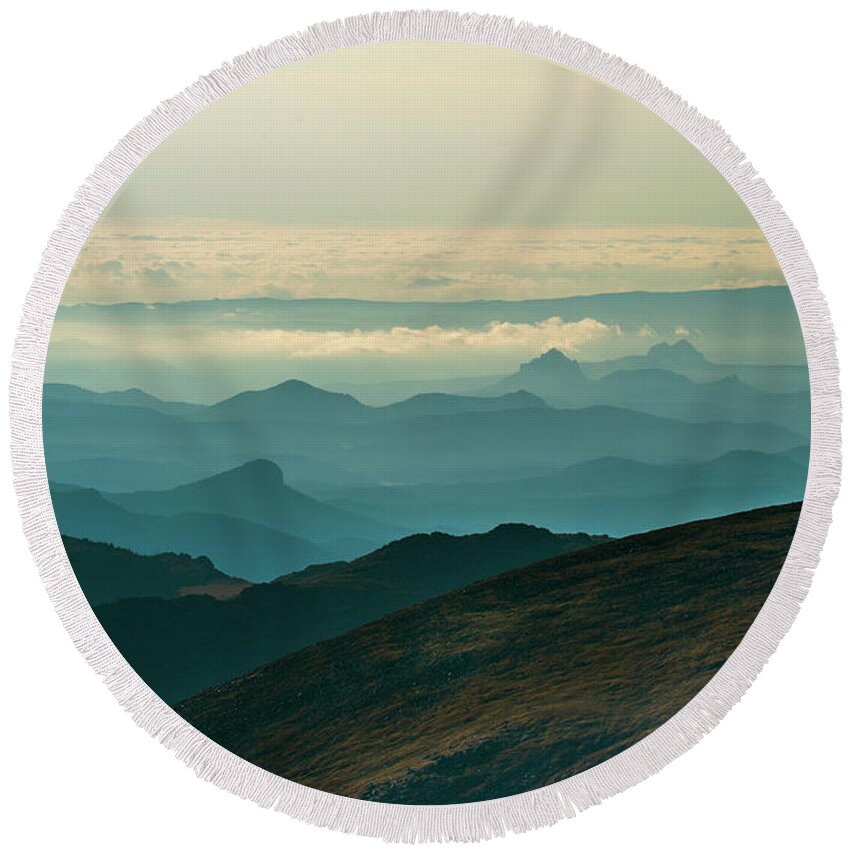 Mountains Round Beach Towel featuring the photograph Above the clouds by Judi Dressler