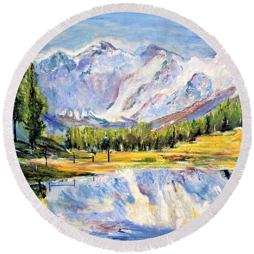 Landscape Round Beach Towel featuring the painting Above the sea level by Khalid Saeed
