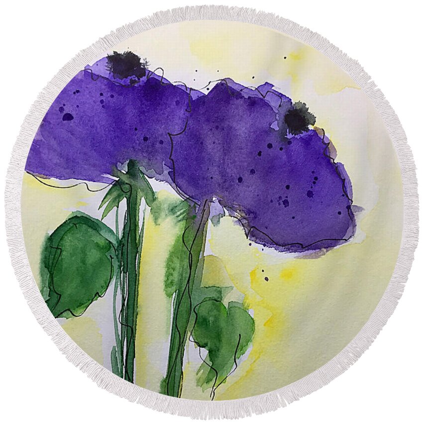 Purple Flowers Round Beach Towel featuring the painting Abstract 2 Purple Flowers by Britta Zehm