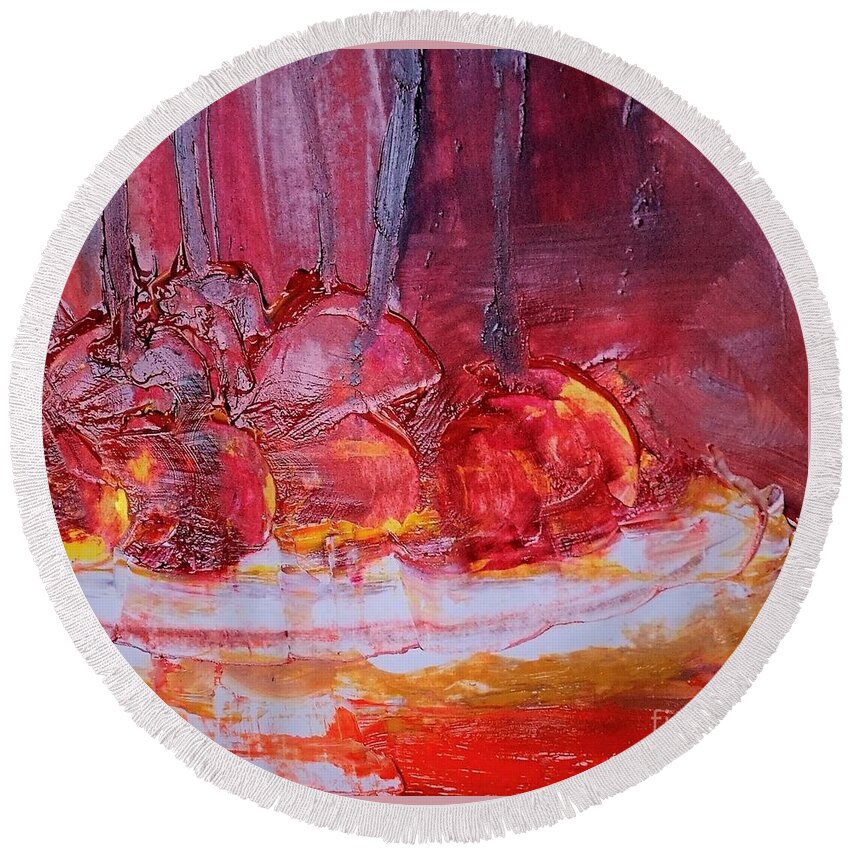 Abstract Round Beach Towel featuring the painting Abstract Apples On Cake Plate Painting by Lisa Kaiser