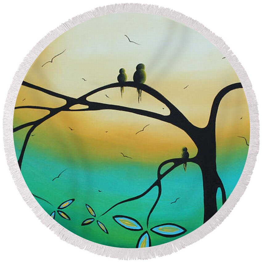 Painting Round Beach Towel featuring the painting Abstract Art Landscape Bird Painting FAMILY PERCH by MADART by Megan Aroon