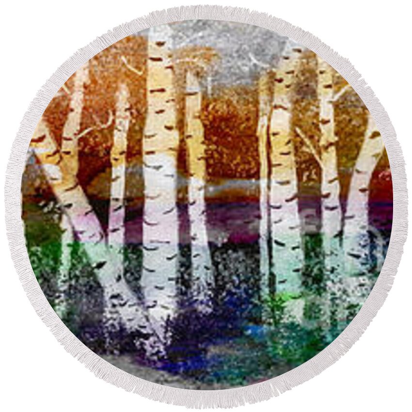 Abstract Round Beach Towel featuring the painting Abstract Birch Tree Forest 693016 by Mas Art Studio