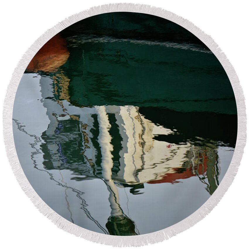 Abstract Round Beach Towel featuring the photograph Abstract Boat Reflection II by David Gordon