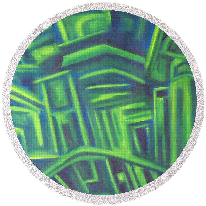 Minimalist Round Beach Towel featuring the painting Abstract cityscape series III by Patricia Cleasby