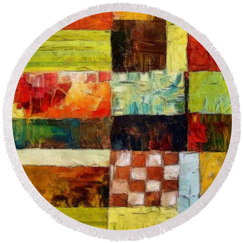 Patchwork Round Beach Towel featuring the painting Abstract Color Study with Checkerboard and Stripes by Michelle Calkins