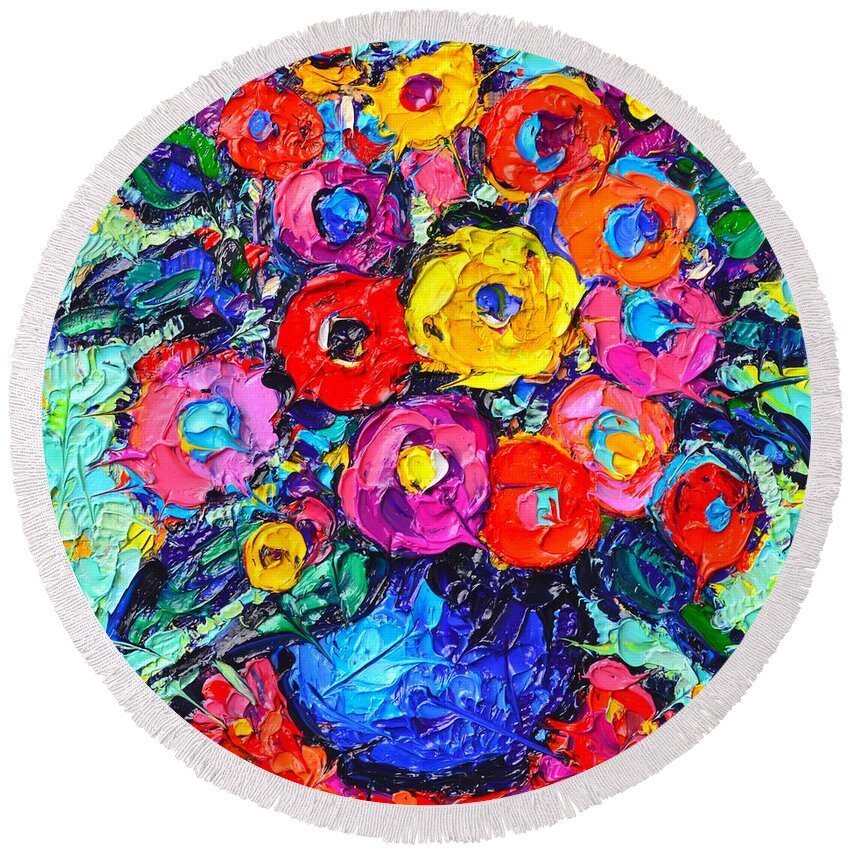 Abstract Round Beach Towel featuring the painting Abstract Colorful Wild Roses Modern Impressionist Palette Knife Oil Painting By Ana Maria Edulescu by Ana Maria Edulescu