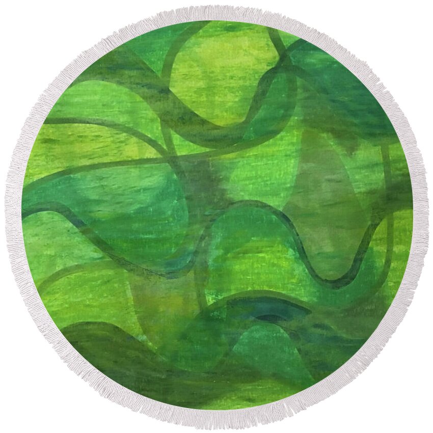 Abstract Green Wave Connection By Annette M Stevenson Round Beach Towel featuring the painting Abstract Green Wave Connection by Annette M Stevenson
