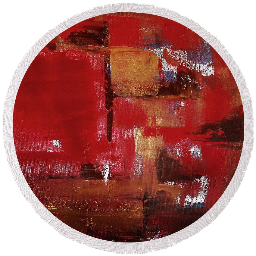 Abstract Round Beach Towel featuring the painting Abstract in Red by Gina De Gorna