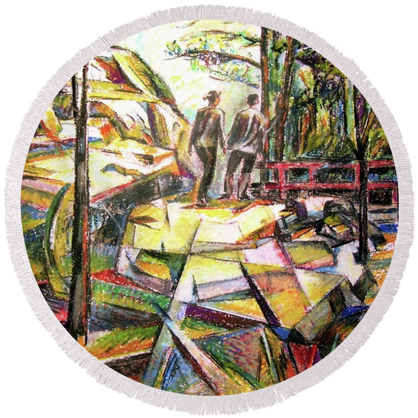 Landscape Round Beach Towel featuring the drawing Abstract Landscape With People by Stan Esson