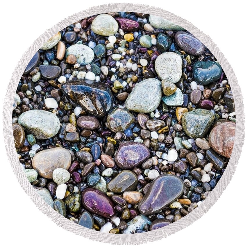 871a Round Beach Towel featuring the photograph Abstract Nature Tropical Beach Pebbles 871A Blue Purple Pink and Orange 871A by Ricardos Creations