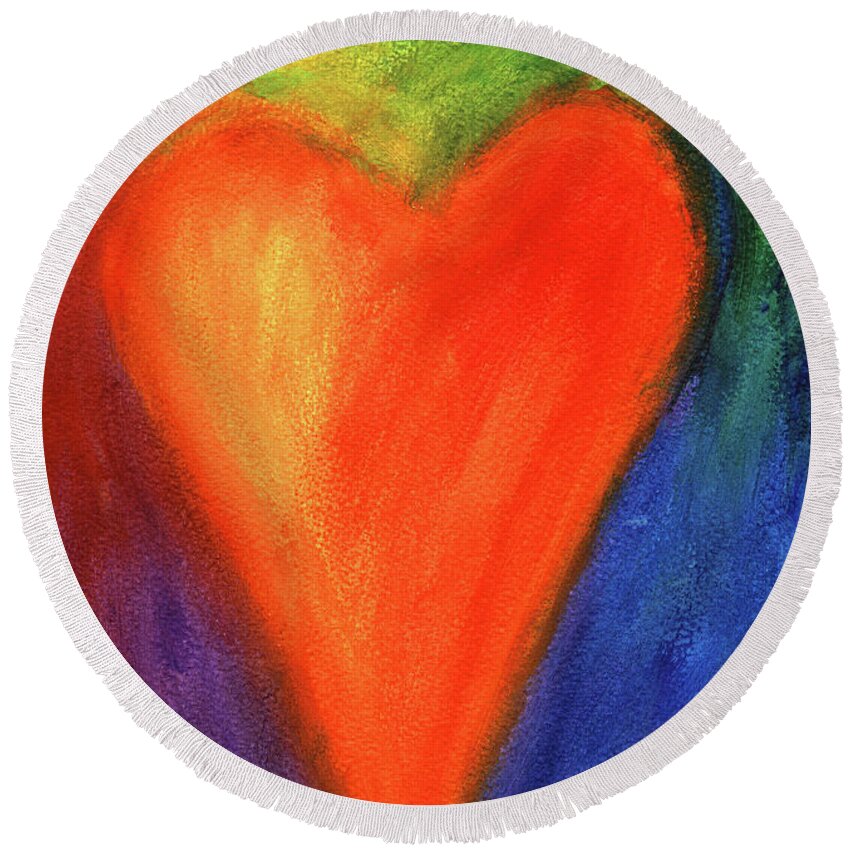 Painting Round Beach Towel featuring the painting Abstract orange heart 1 by Karen Kaspar