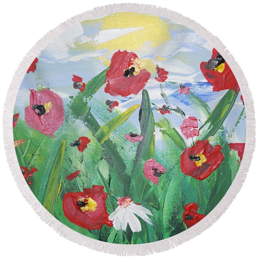 Abstract Round Beach Towel featuring the painting Abstract poppies No 1 by Celestial Images