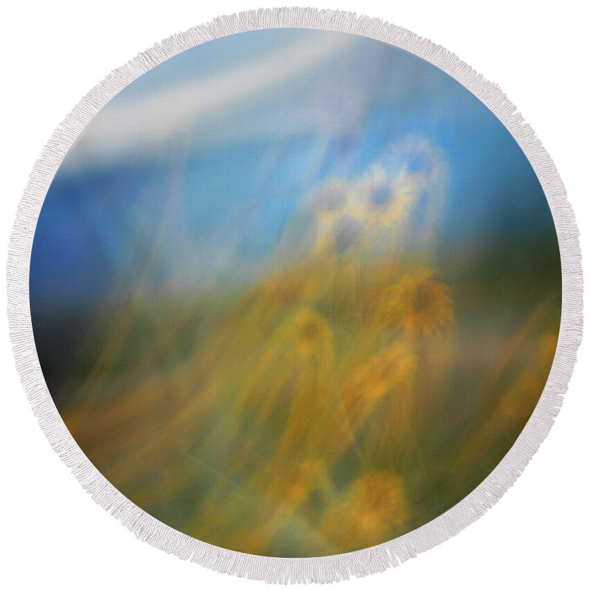 Abstract Round Beach Towel featuring the photograph Abstract sunflowers by Marilyn Hunt