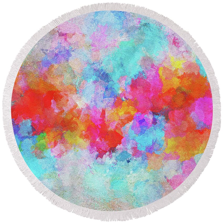 Abstract Round Beach Towel featuring the painting Abstract Sunset Painting with Colorful Clouds over the Ocean by Inspirowl Design