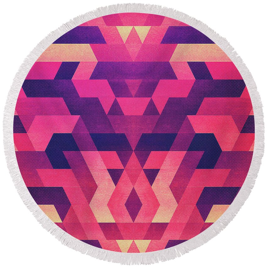 Red Round Beach Towel featuring the digital art Abstract Symertric geometric triangle texture pattern design in diabolic magnet future red by Philipp Rietz