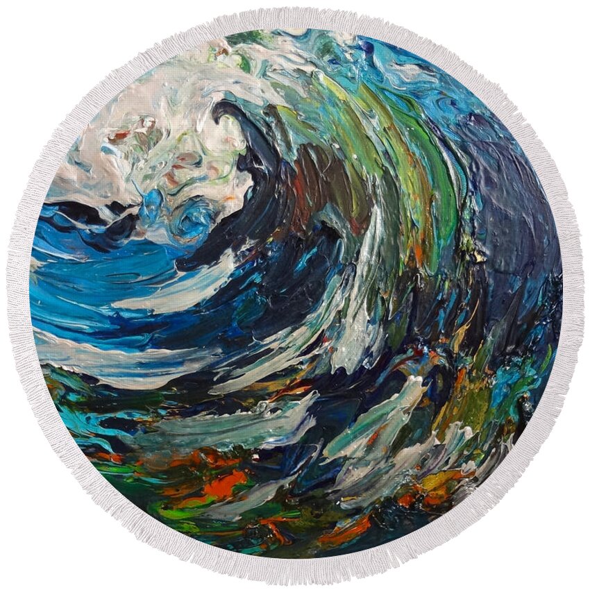 Abstract Round Beach Towel featuring the painting Abstract Wild Wave by Michelle Pier