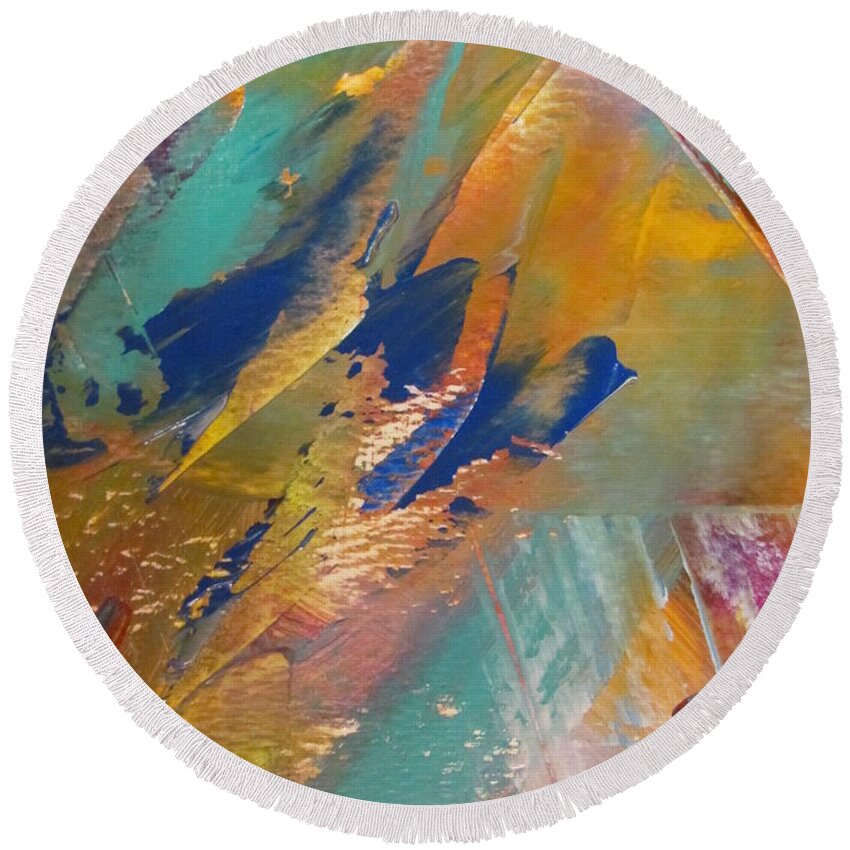 Abstract Round Beach Towel featuring the painting Abstract with gold - close up 2 by Anita Burgermeister