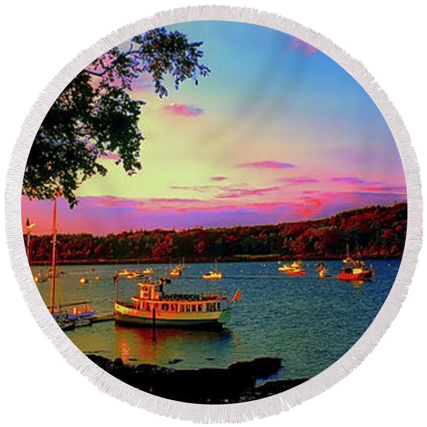 Acadia Bar Harbor Round Beach Towel featuring the photograph Acadia Bar Harbor sunset cruises.tif by Tom Jelen