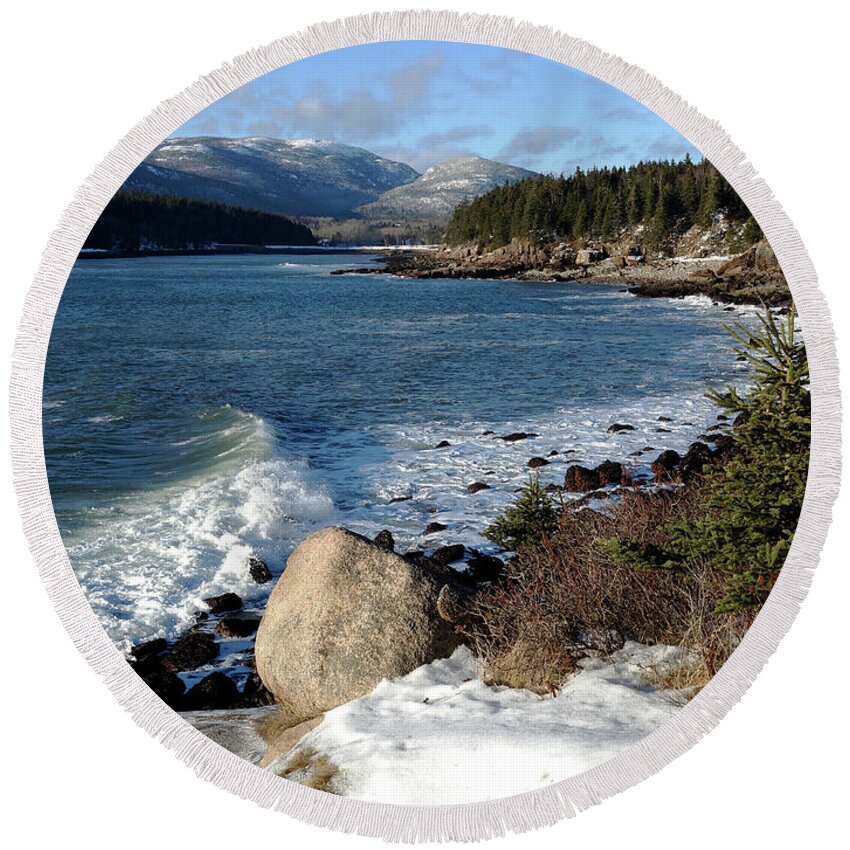 Ocean Round Beach Towel featuring the photograph Winter, Otter Cove, Acadia National Park by Kevin Shields