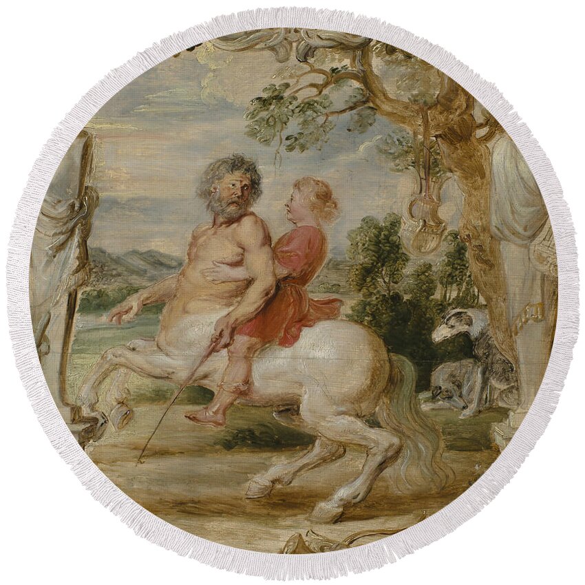 Peter Paul Rubens Round Beach Towel featuring the painting Achilles Educated by the Centaur Chiron by Peter Paul Rubens