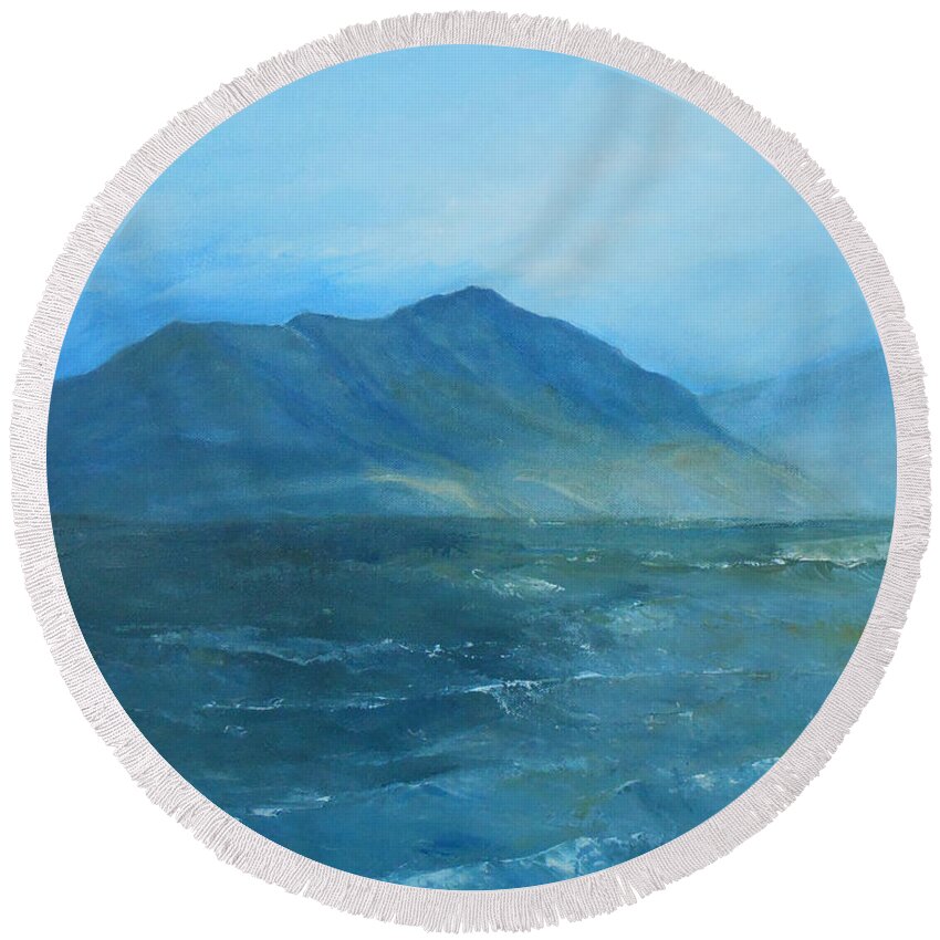 Waterscape Round Beach Towel featuring the painting Across The Lake by Jane See