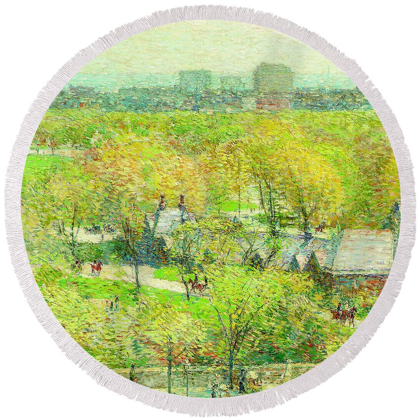 Across The Park Round Beach Towel featuring the painting Across the Park by Childe Hassam