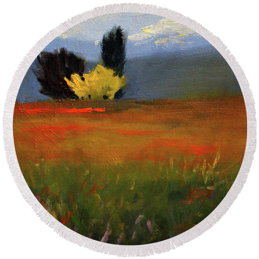 Northwest Landscape Oil Painting Round Beach Towel featuring the painting Across the Prairie by Nancy Merkle